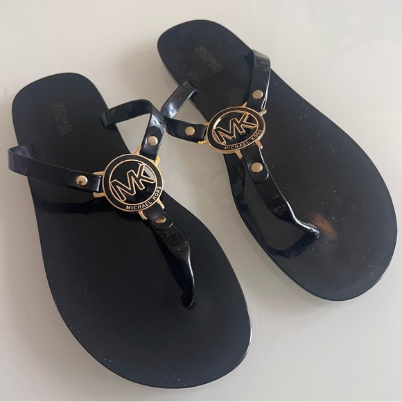 MICHAEL KORS Black Jelly Thong Sandals Gold MK Logo Flat Flip Flops - Picture 7 of 7
